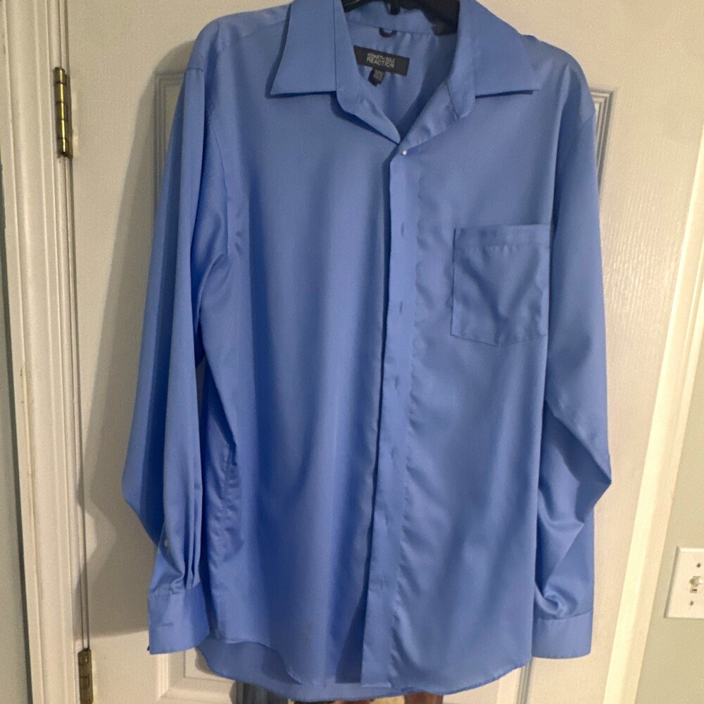 Kenneth Cole Reaction Men's Blue Solid Non-Iron Dress Shirt 16-16.5 34/35